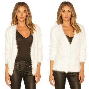ANINE BING Size L Fuzzy Teddy Cardigan Sweater V-neck Button Front Off White